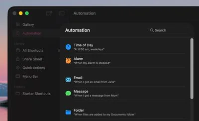 Panneau Automatisations Raccourcis