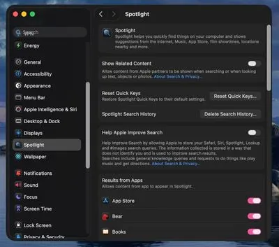 Spotlight System Settings