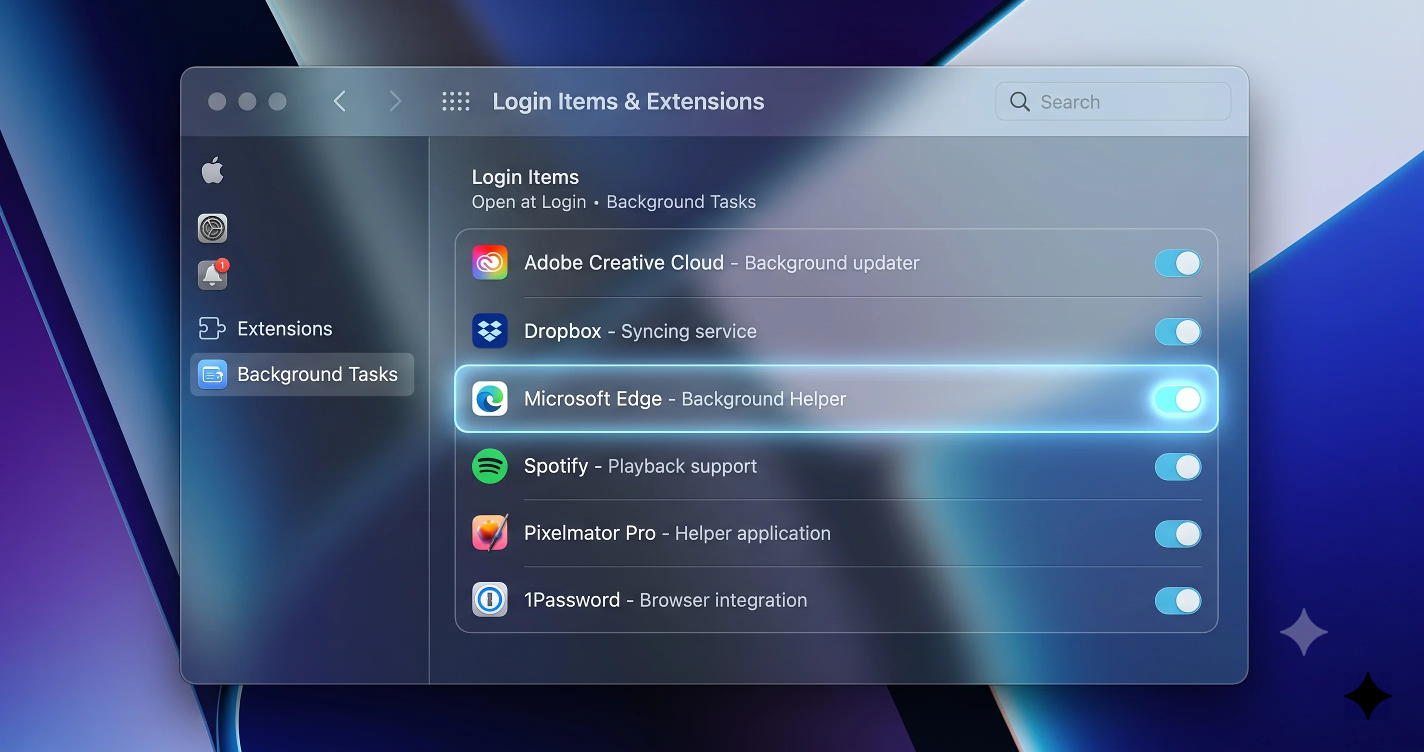 Réglages macOS des éléments de connexion et extensions avec les bascules d'éléments en arrière-plan