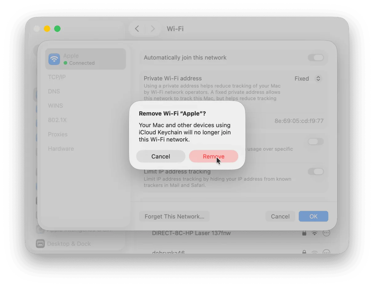 Option Oublier ce réseau WiFi