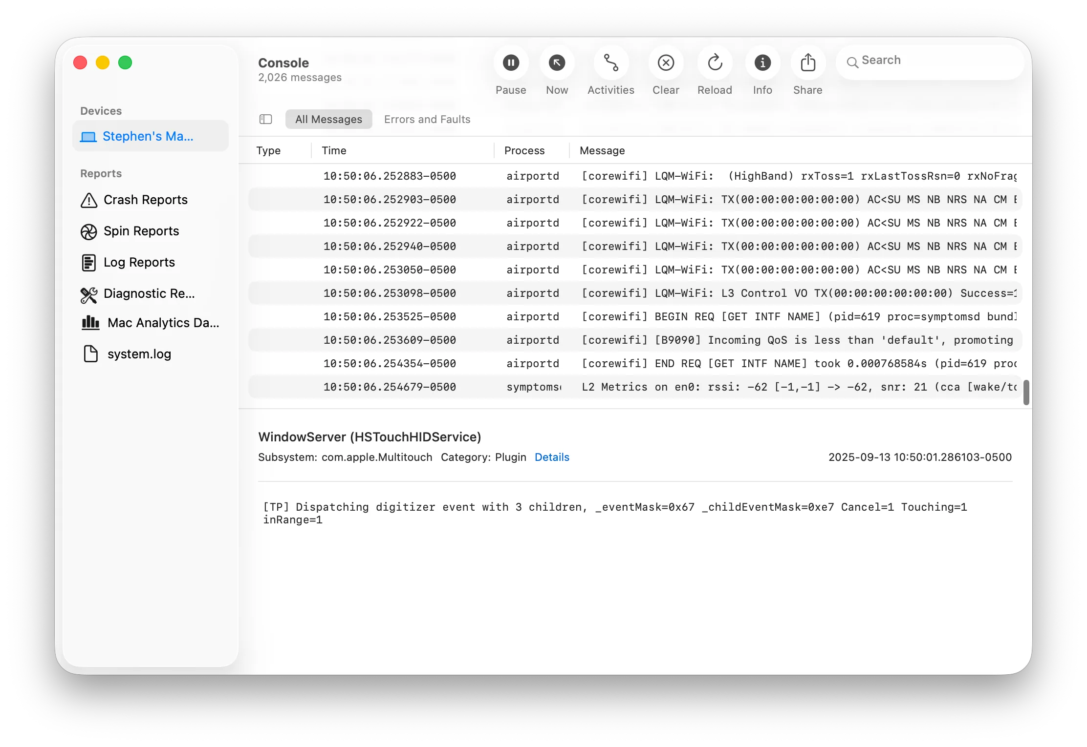 Journaux système de l'application Console