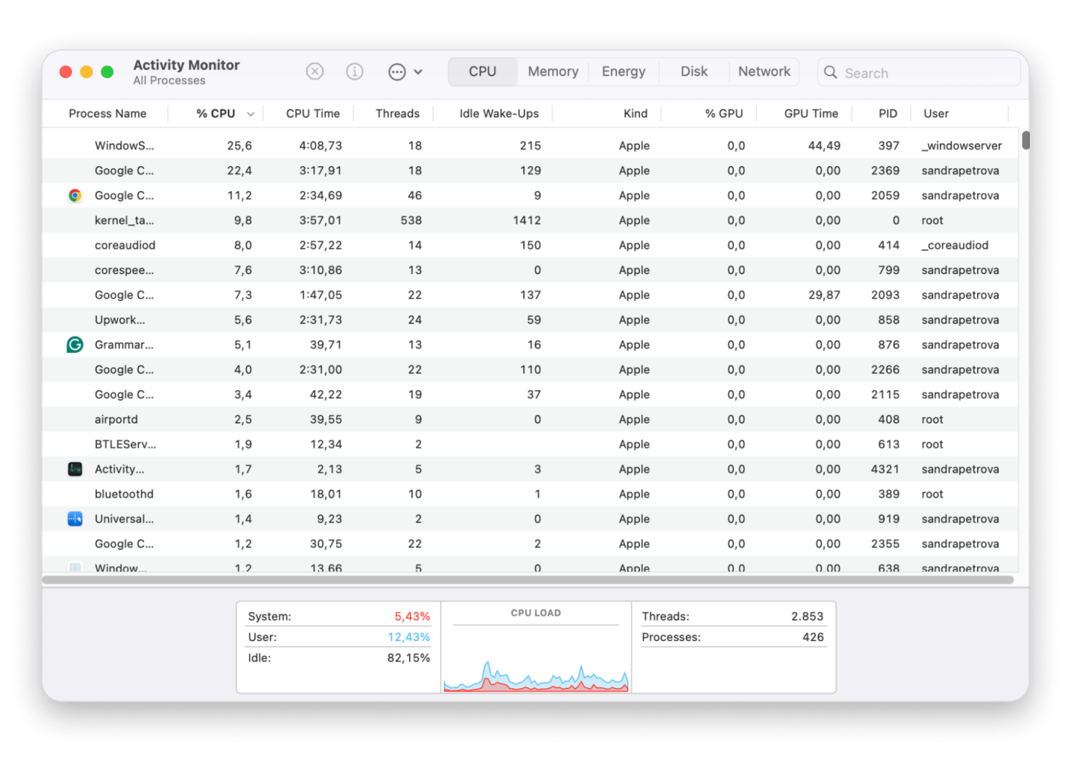 Activity Monitor CPU Tab