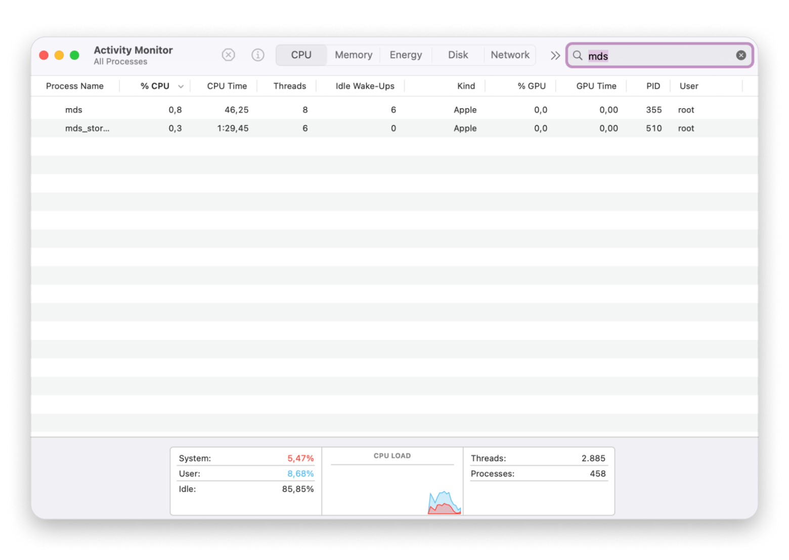 Activity Monitor showing mds_stores process