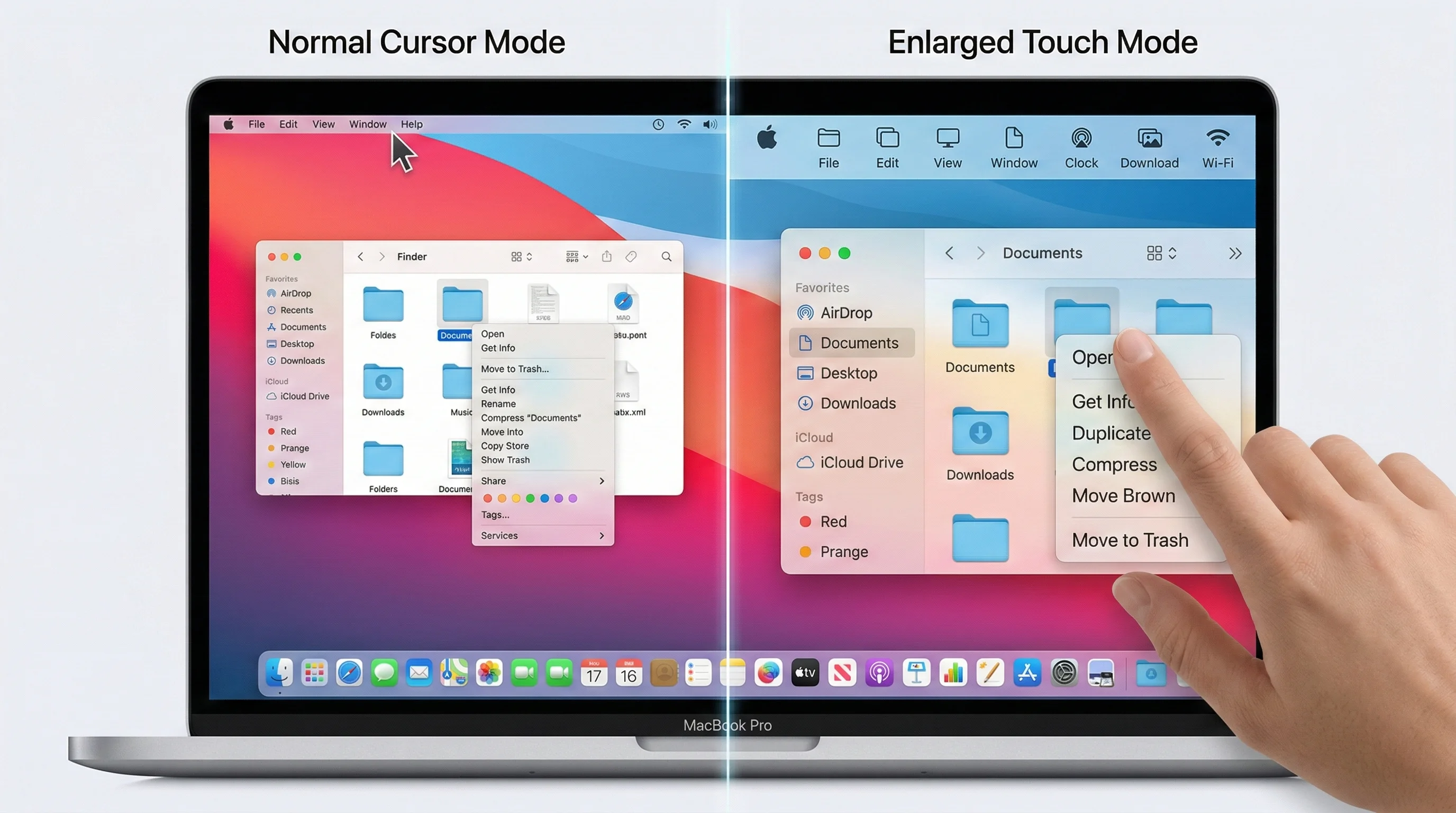 Интерфейс macOS, оптимизированный для сенсорного ввода, с адаптивными элементами управления