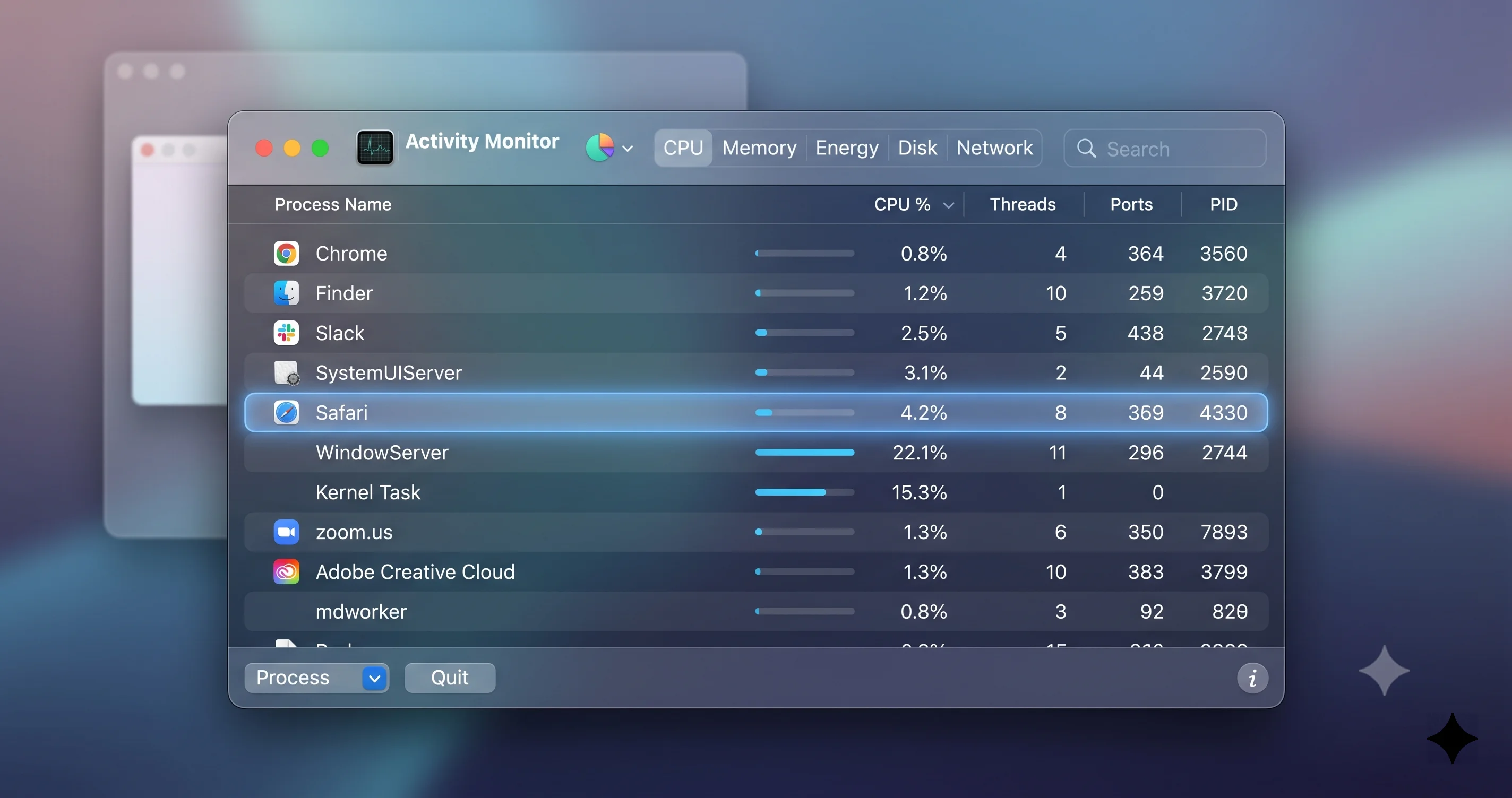 macOS Activity Monitor showing process list with one highlighted
